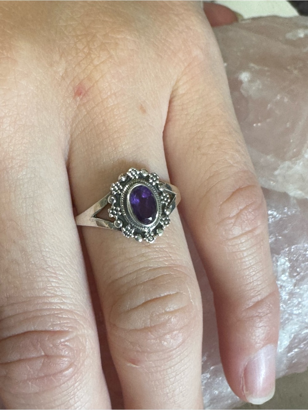 Amethyst Sterling Silver Gemstone Floral Halo Ring - Size 6 - 6.25